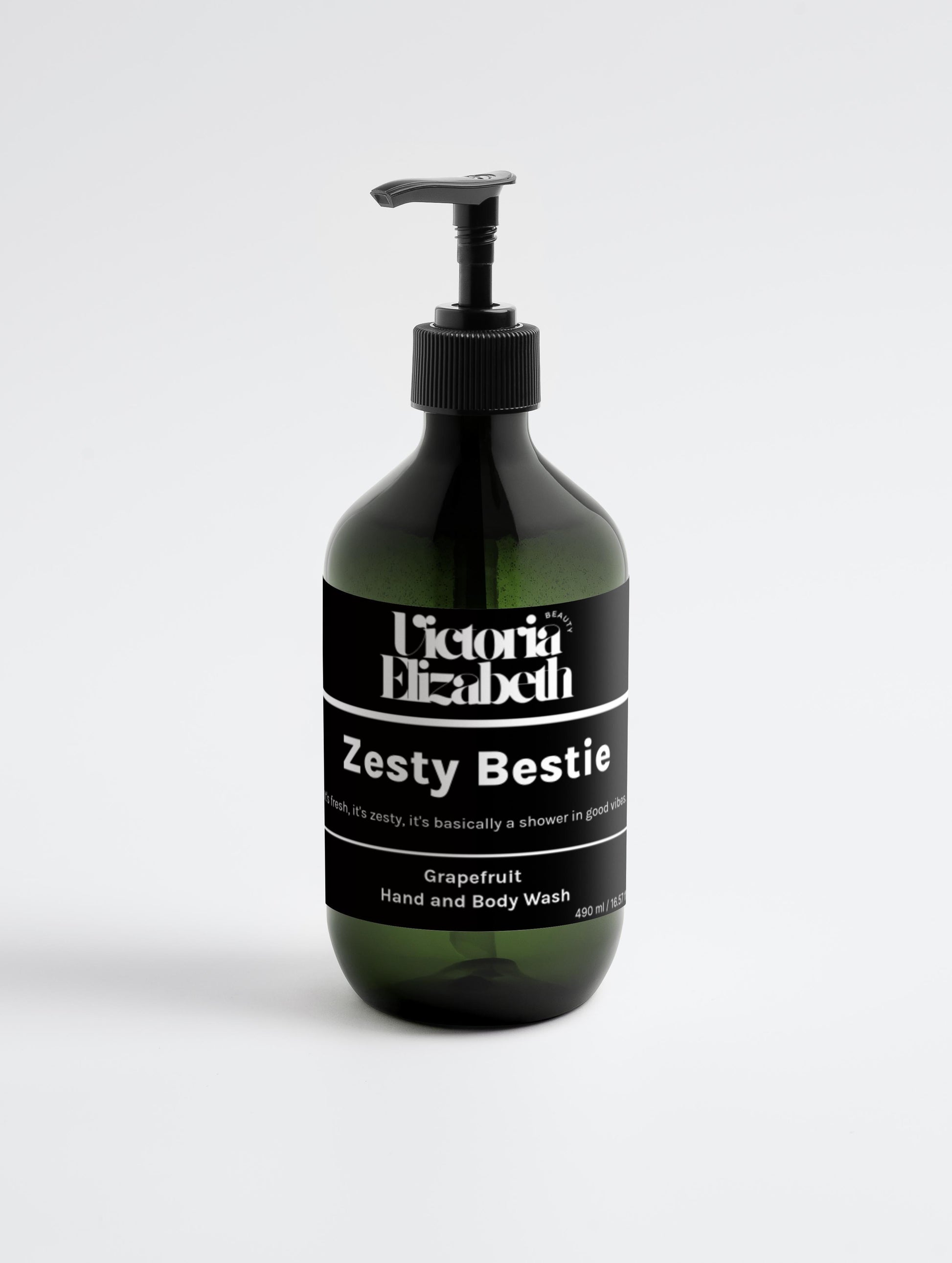 Bottle of Victoria Elizabeth Zesty Bestie Grapefruit Hand and Body Wash on a white background