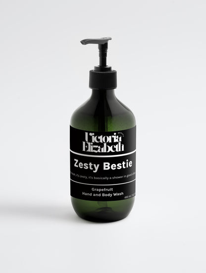 Bottle of Victoria Elizabeth Zesty Bestie Grapefruit Hand and Body Wash on a white background