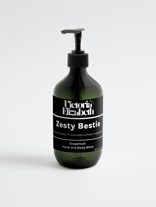 Bottle of Victoria Elizabeth Zesty Bestie Grapefruit Hand and Body Wash on a white background
